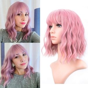 Pastel‎ Pink Bob Wig 12” Wavy with Air Bangs • Short Curly Synthetic Wig • New
